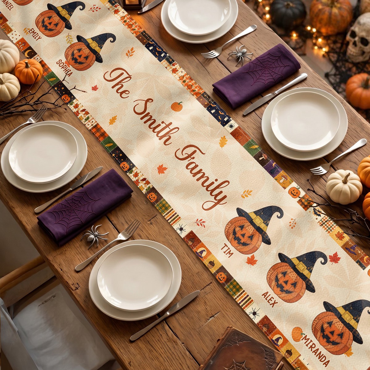 family-pumpkin-halloween-patchwork-pattern-print-personalized-table-runner