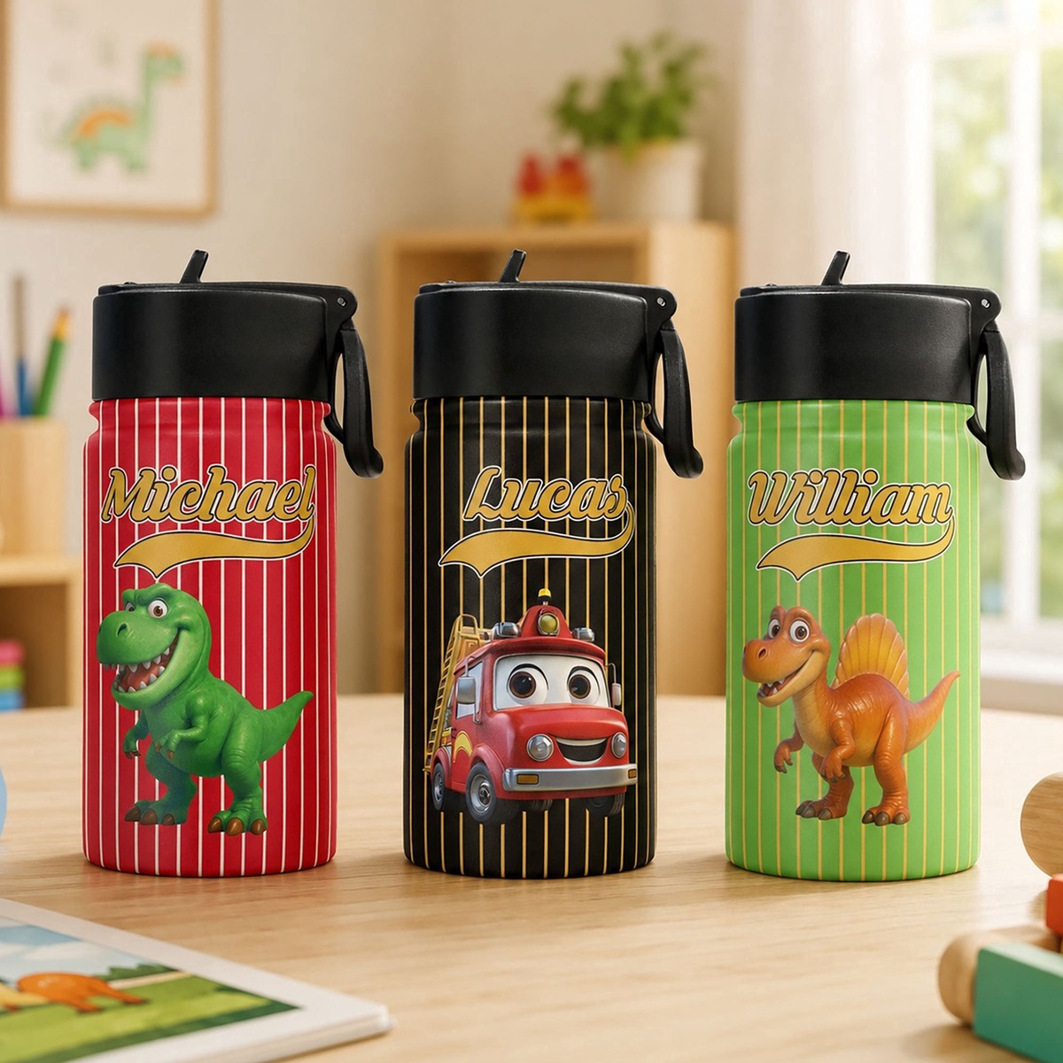 kid-cartoon-dinosaurus-vehicles-personalized-water-bottle