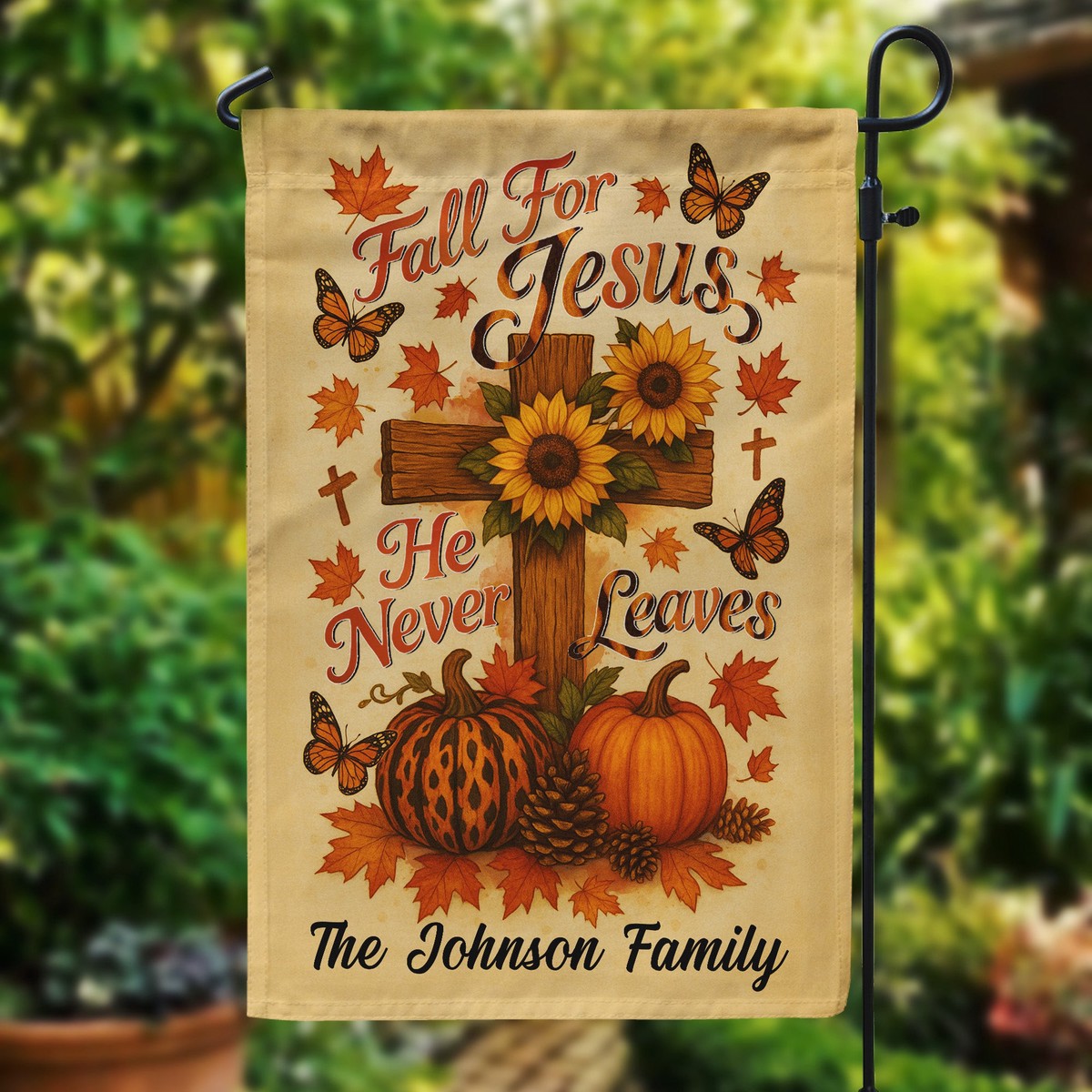 fall-for-jesus-he-never-leaves-personalized-flag